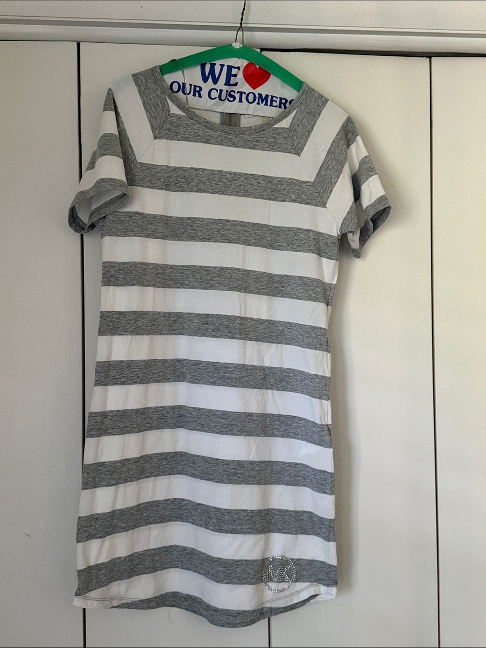 Michael Kors White and Gray Striped Short Sleeve Mini Dress
